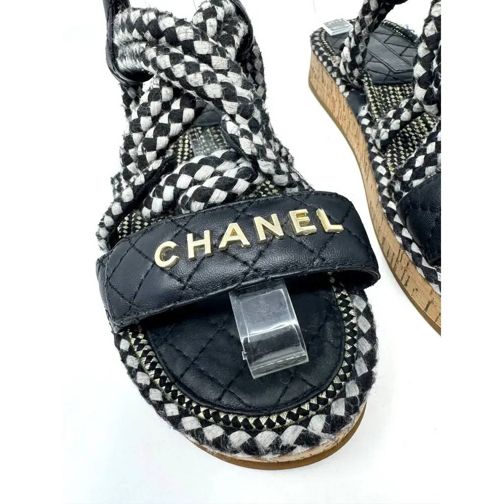 Chanel Cord Sandals Black White Quilted Lambskin Leather CC Logo Flats 6.5
